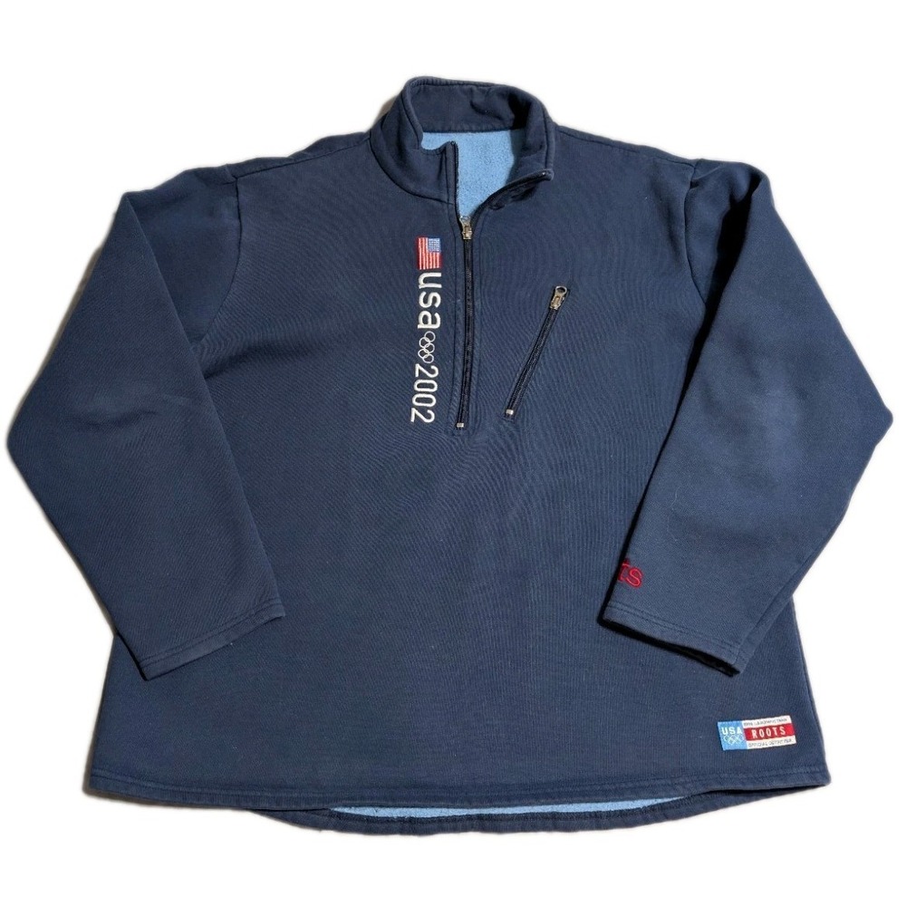 Roots USA 2002 Olympic Team Quarter Zip Fleece‎ Sweatshirt Navy Mens XL